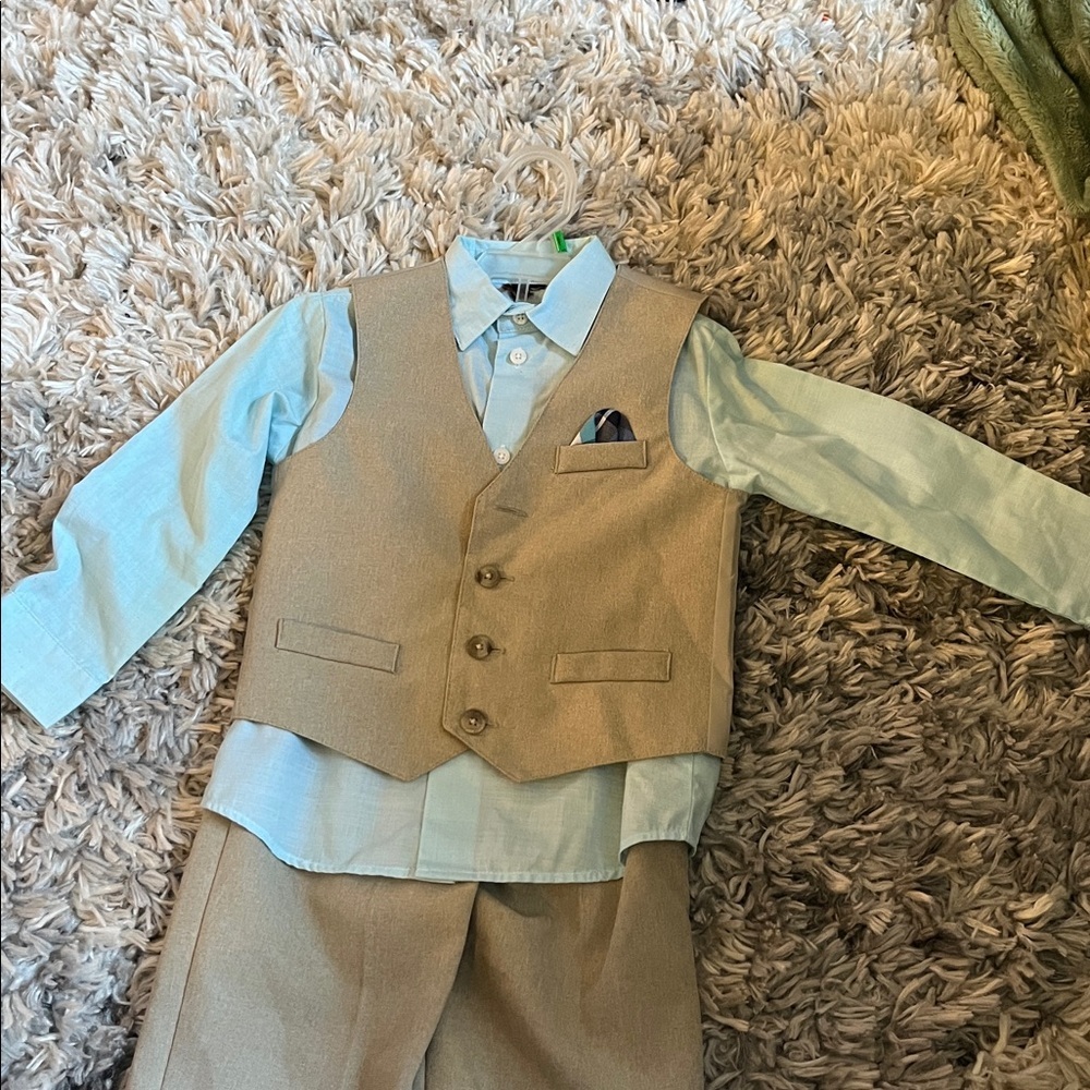 Tan Vest and Pants with Light Blue Shirt Set